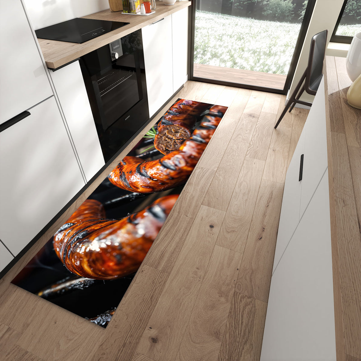 Bodenschonender langer Teppich mit Motiv Grillwurst B B Q in moderner Küche