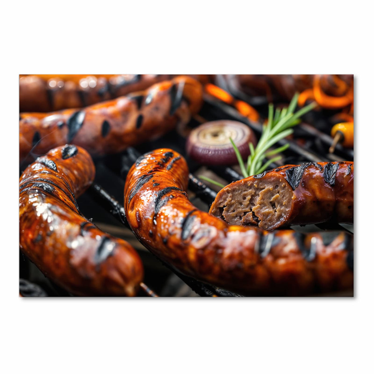 Schmutzabweisender waschbarer Küchenteppich mit Motiv Grillwurst B B Q in Frontansicht