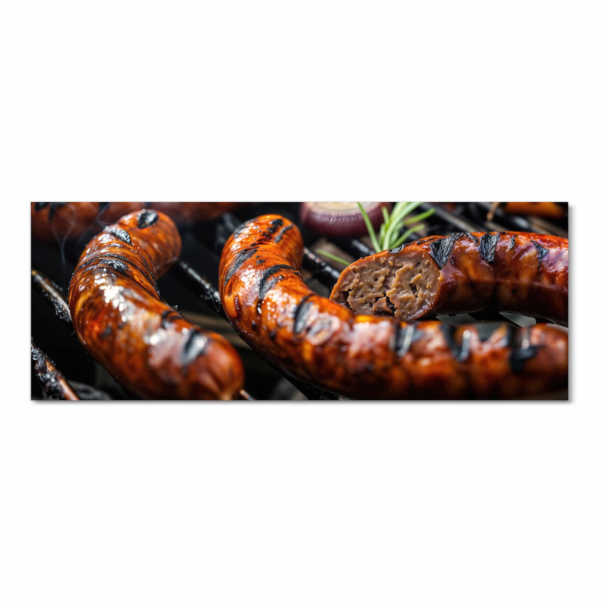 Pflegeleichter Küchenläufer mit Motiv Grillwurst B B Q in Frontansicht