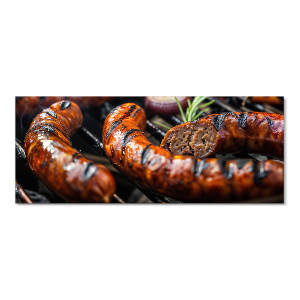 Abriebfester Küchenteppich mit Motiv Grillwurst B B Q in Frontansicht - waschbar