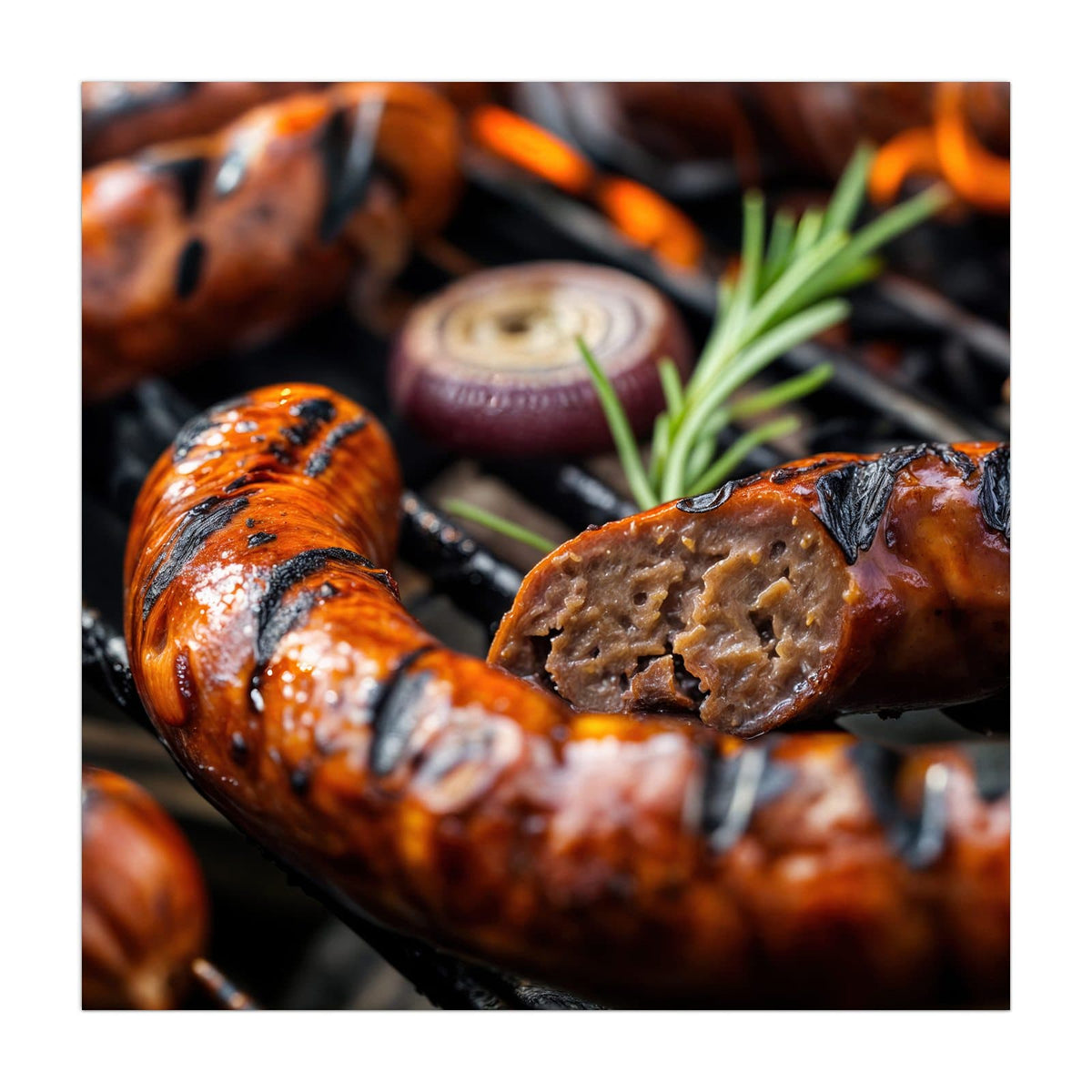 Küchenrückwand aus Glas Bratwurst vom Grill im quadratischen Format, Motiv bildfüllend von vorn #grösse_40 x 40 cm #grösse_50 x 50 cm #grösse_60 x 60 cm