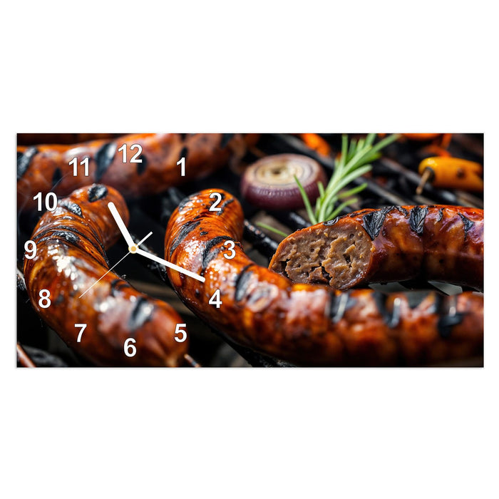 Wanduhr Grillwurst BBQ aus Glas – Querformat 60 × 30 cm mit Ziffernblatt Modern