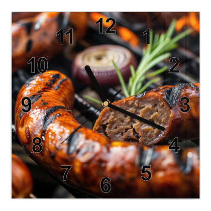 Wanduhr Quadratisch mit dem Motiv Bratwurst vom Grill