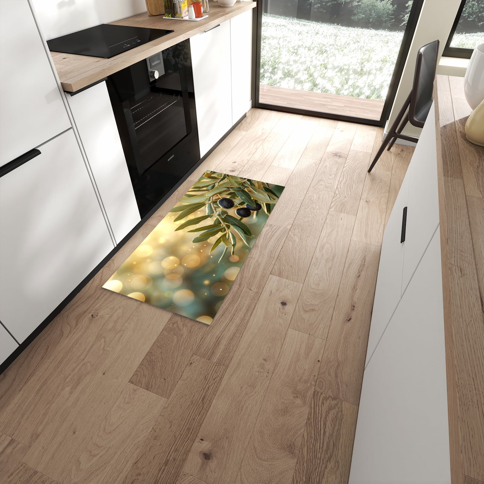 Fleckenresistenter Küchenteppich mit Motiv Olivenzweig in moderner Küche #grösse_60 x 120 cm