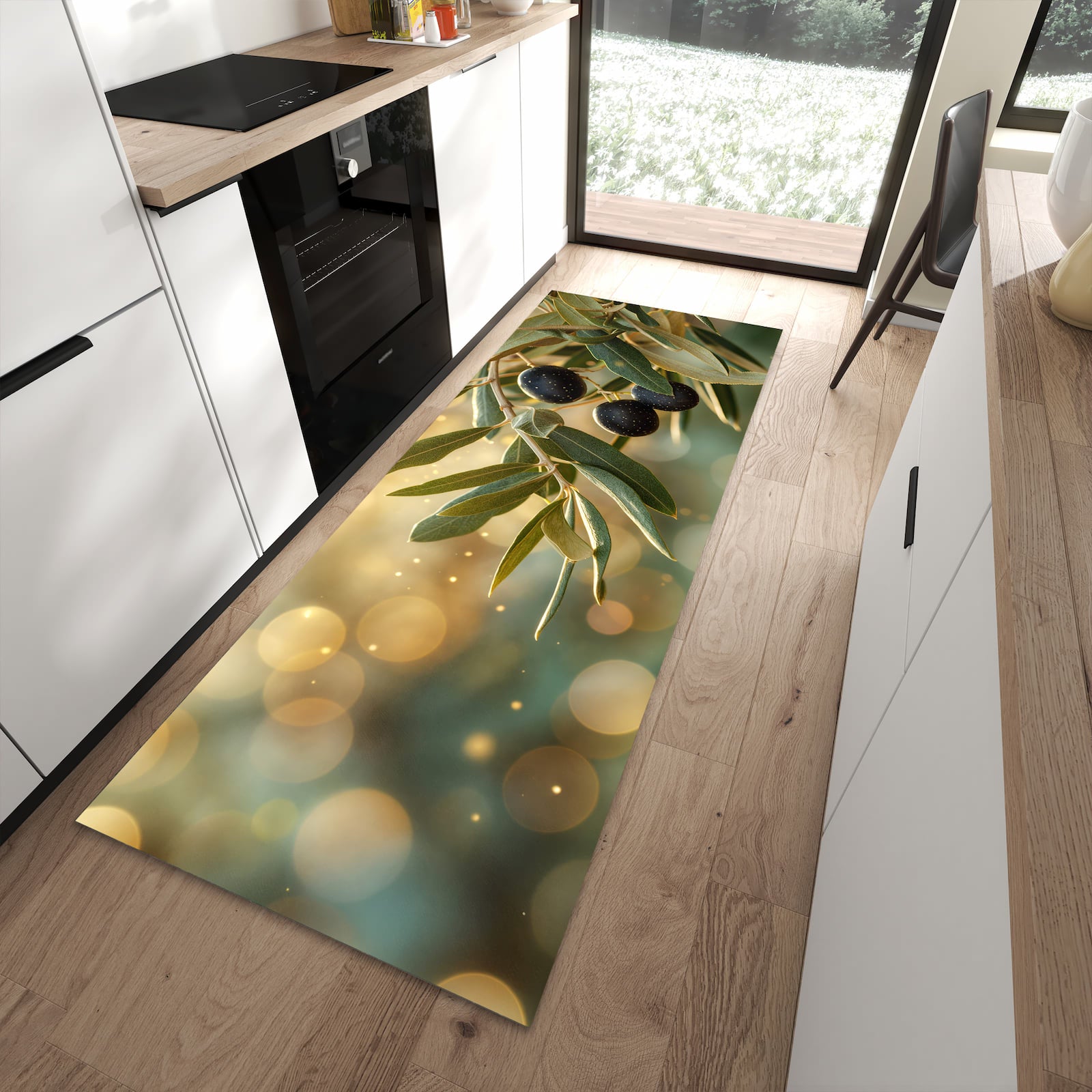 Waschbarer Küchenläufer mit Motiv Olivenzweig in moderner Küche
