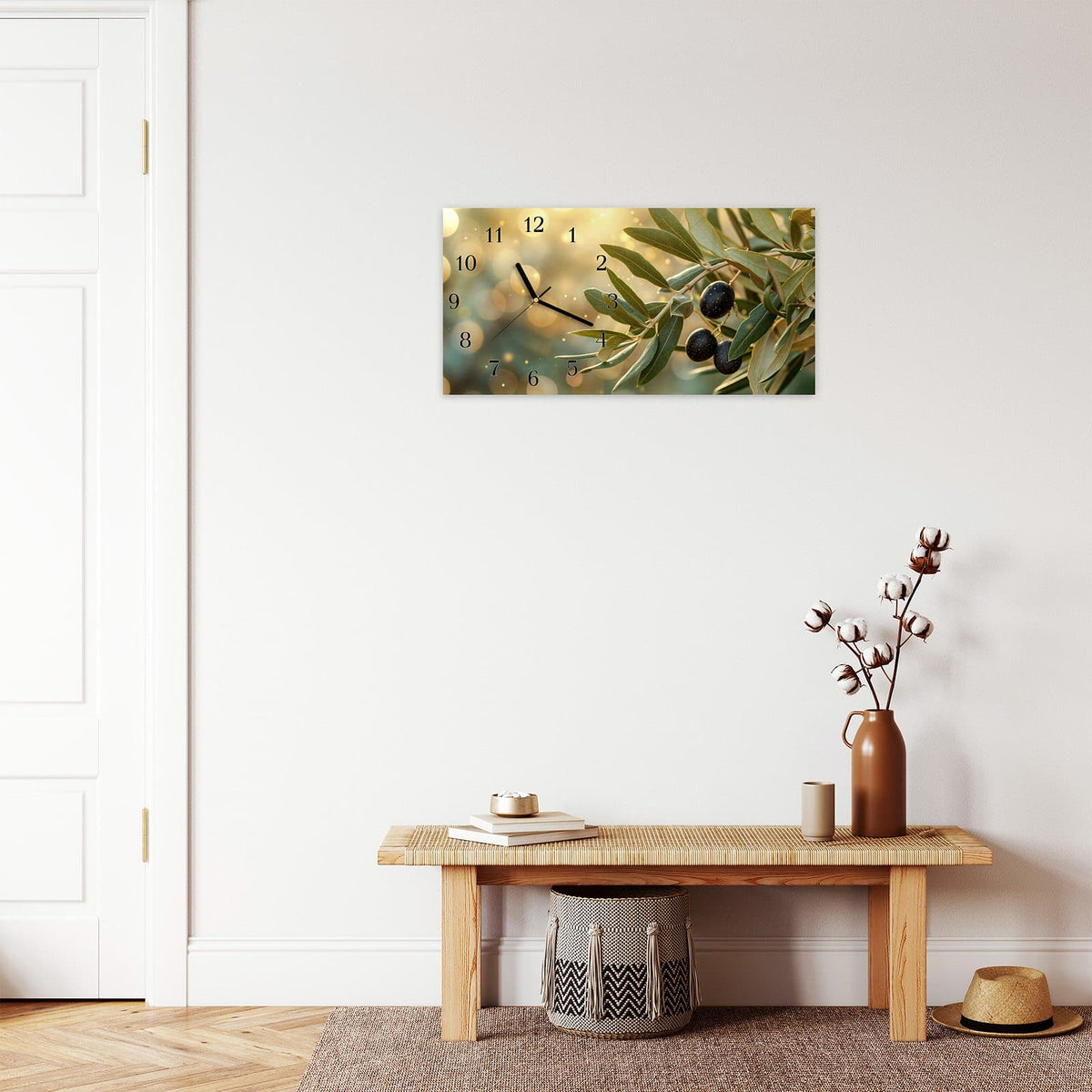 Moderne Wanduhr aus Glas mit Farbtiefe – Wanduhr Olivenzweig aus Glas – Querformat 60 × 30 cm