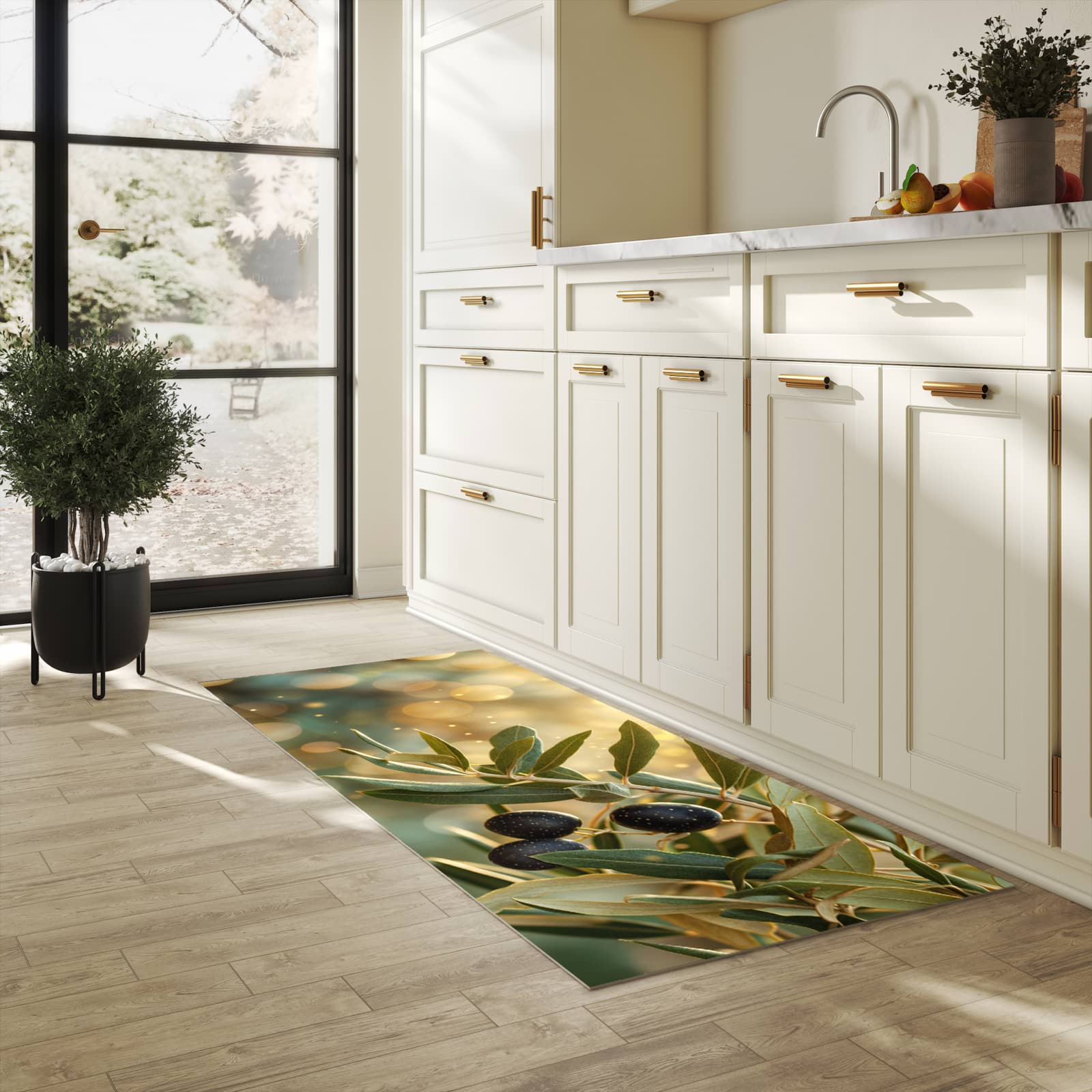 Geräuschdämpfender Küchenvorleger mit Motiv Olivenzweig in heller Küche