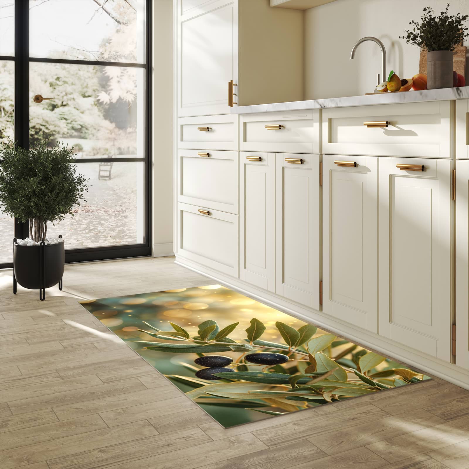 Wasserabweisender Teppichläufer mit Motiv Olivenzweig in heller Küche