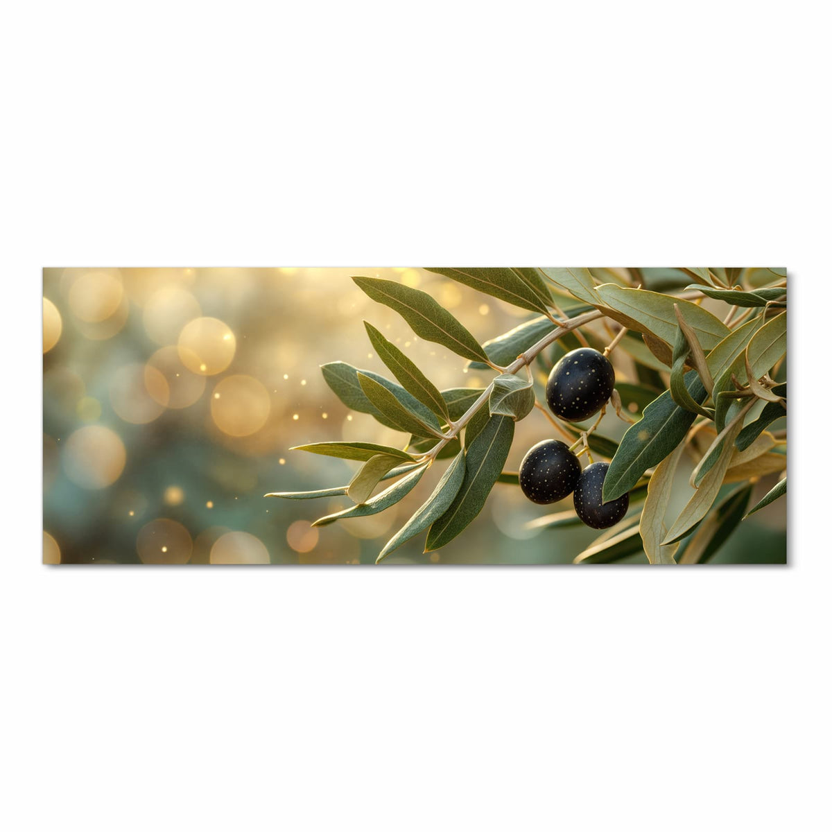 Olivenzweig mit schwarzen Oliven und schmalen Blättern vor goldenem Bokeh