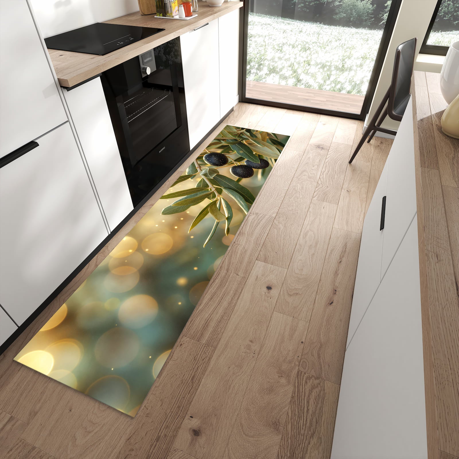 Langlebiger Küchenteppich mit Motiv Olivenzweig in moderner Küche