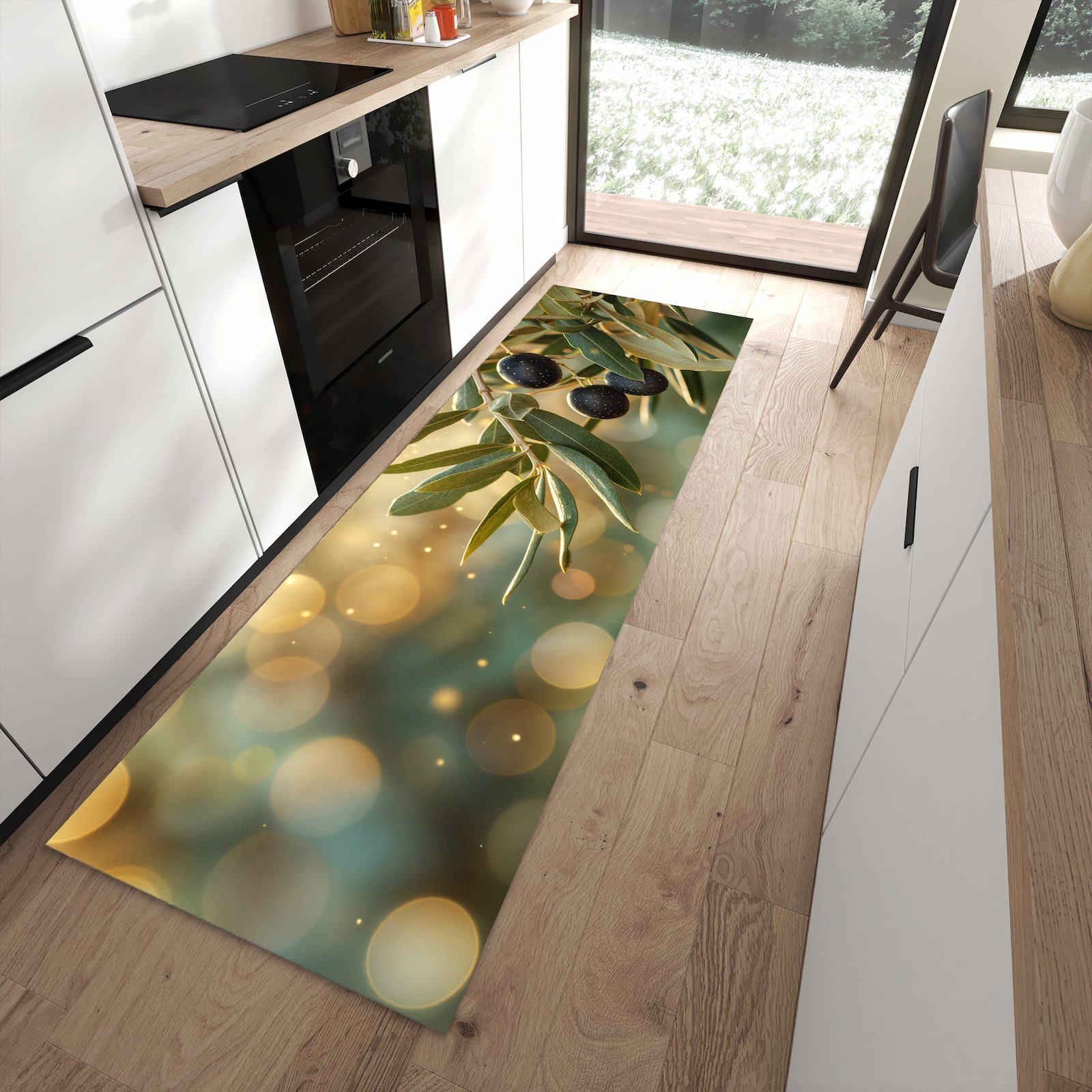 Pflegeleichter Küchenläufer mit Motiv Olivenzweig in moderner Küche