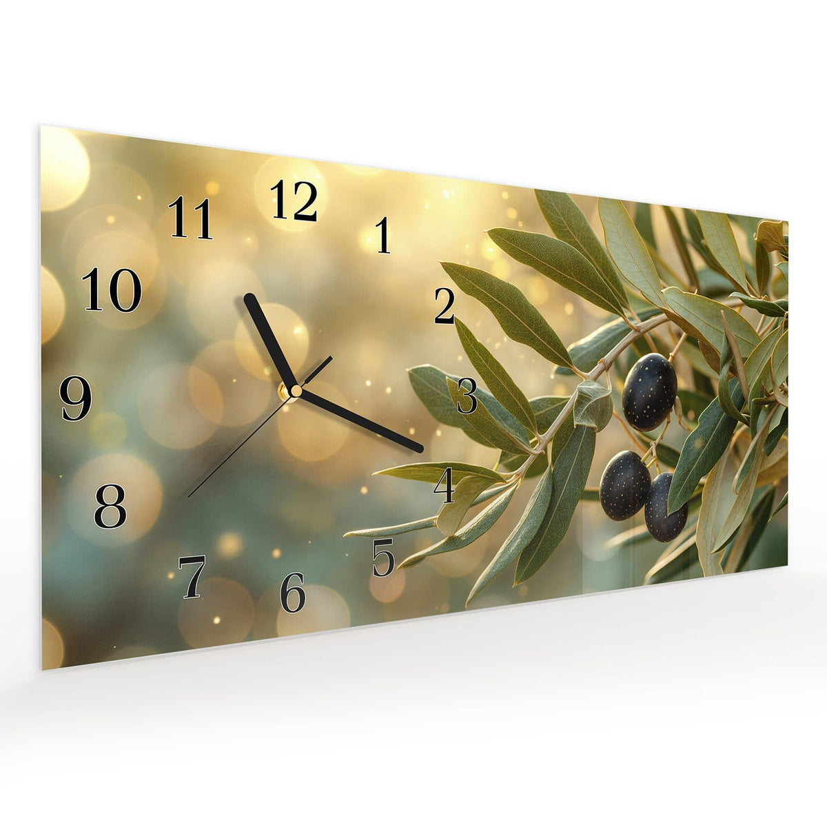 Vormontiert – mit Schwebeeffekt – Wanduhr Olivenzweig aus Glas – Querformat 60 × 30 cm