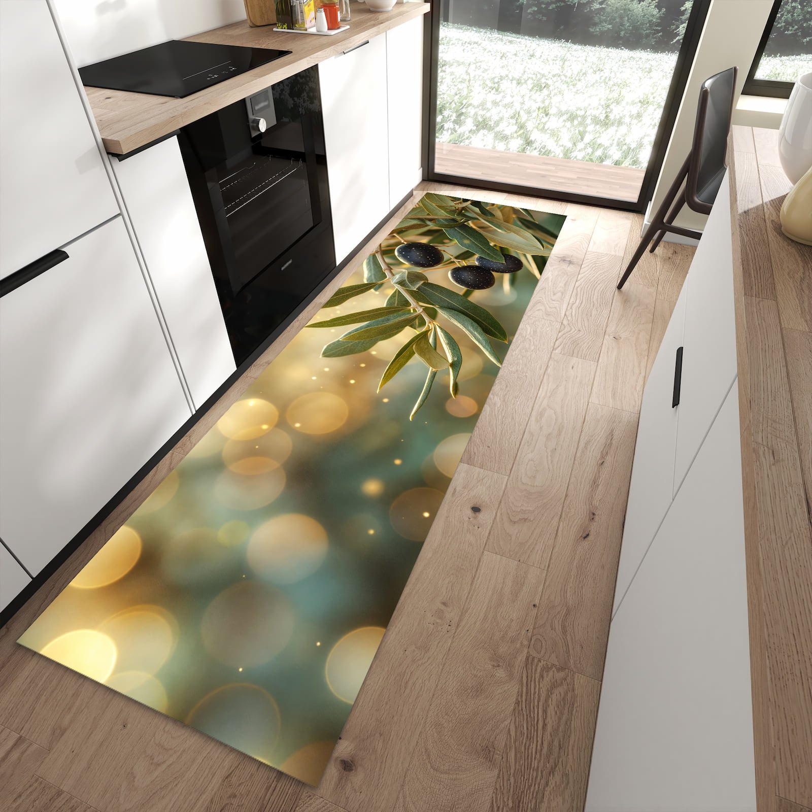 Küchenvorleger mit Motiv Olivenzweig für angenehme Haptik in moderner Küche