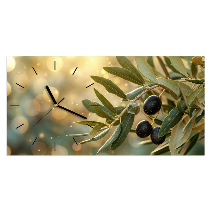 Wanduhr Olivenzweig aus Glas – Querformat 60 × 30 cm mit Ziffernblatt Linie