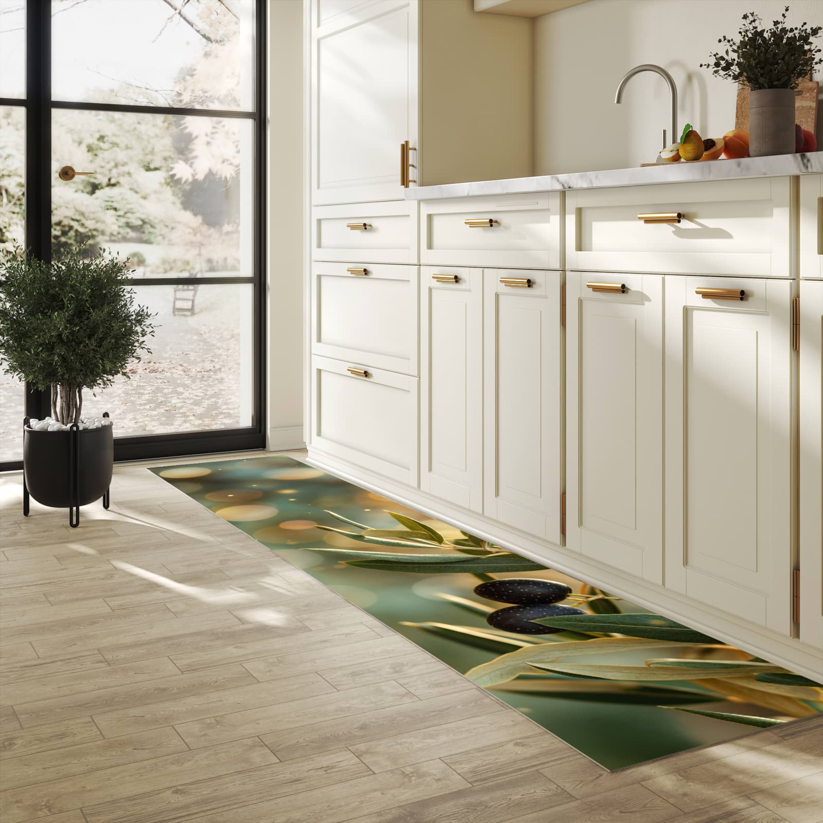 Küchenteppich mit Motiv Olivenzweig in heller Küche für sicheres Aufbewahren