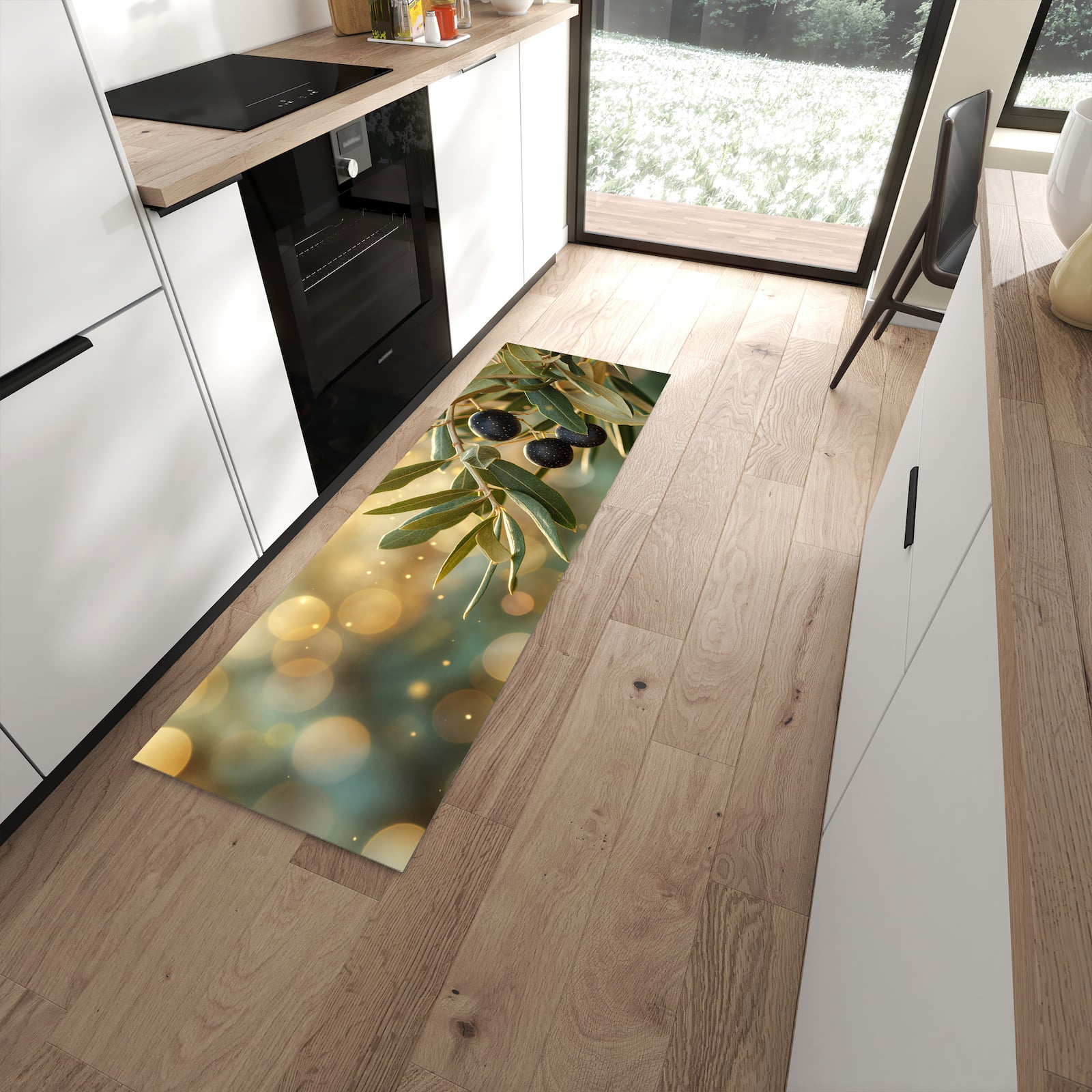 Geruchsneutraler Küchenteppich mit Motiv Olivenzweig in moderner Küche