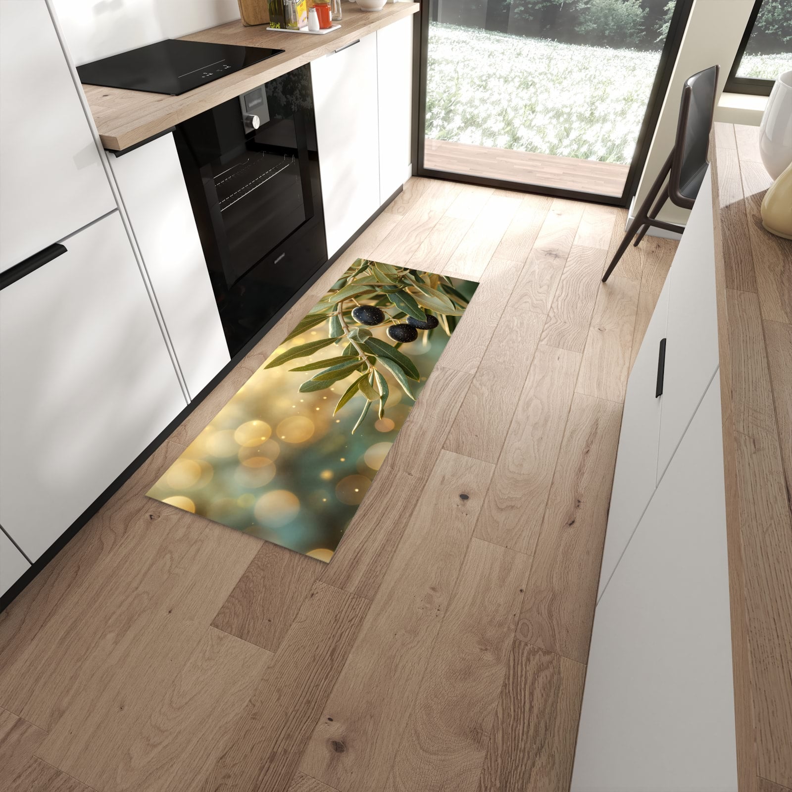 Schmutzabweisender Teppich für die Küche mit Motiv Olivenzweig in moderner Küche #grösse_60 x 150 cm