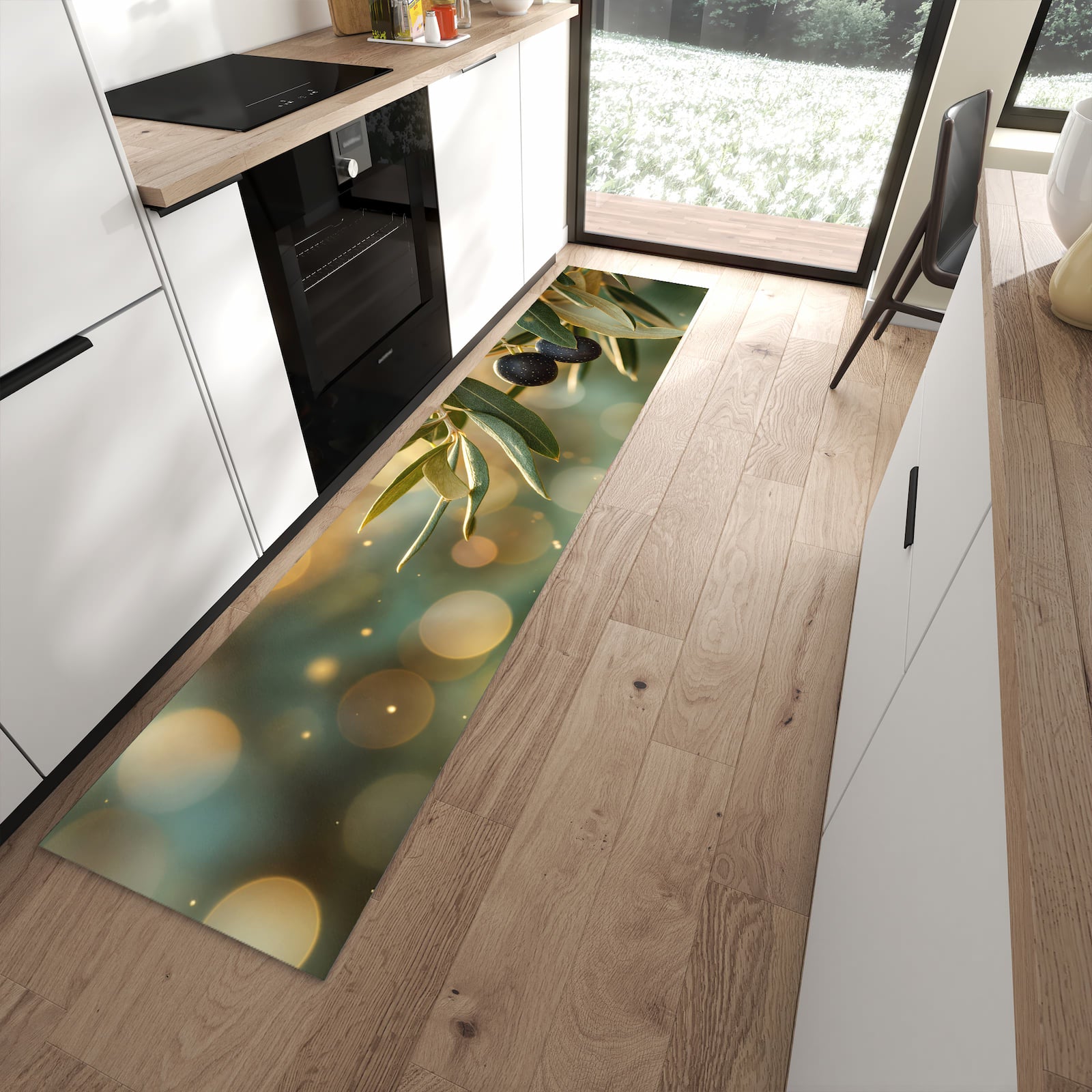 Flacher Küchenteppich mit Motiv Olivenzweig in moderner Küche