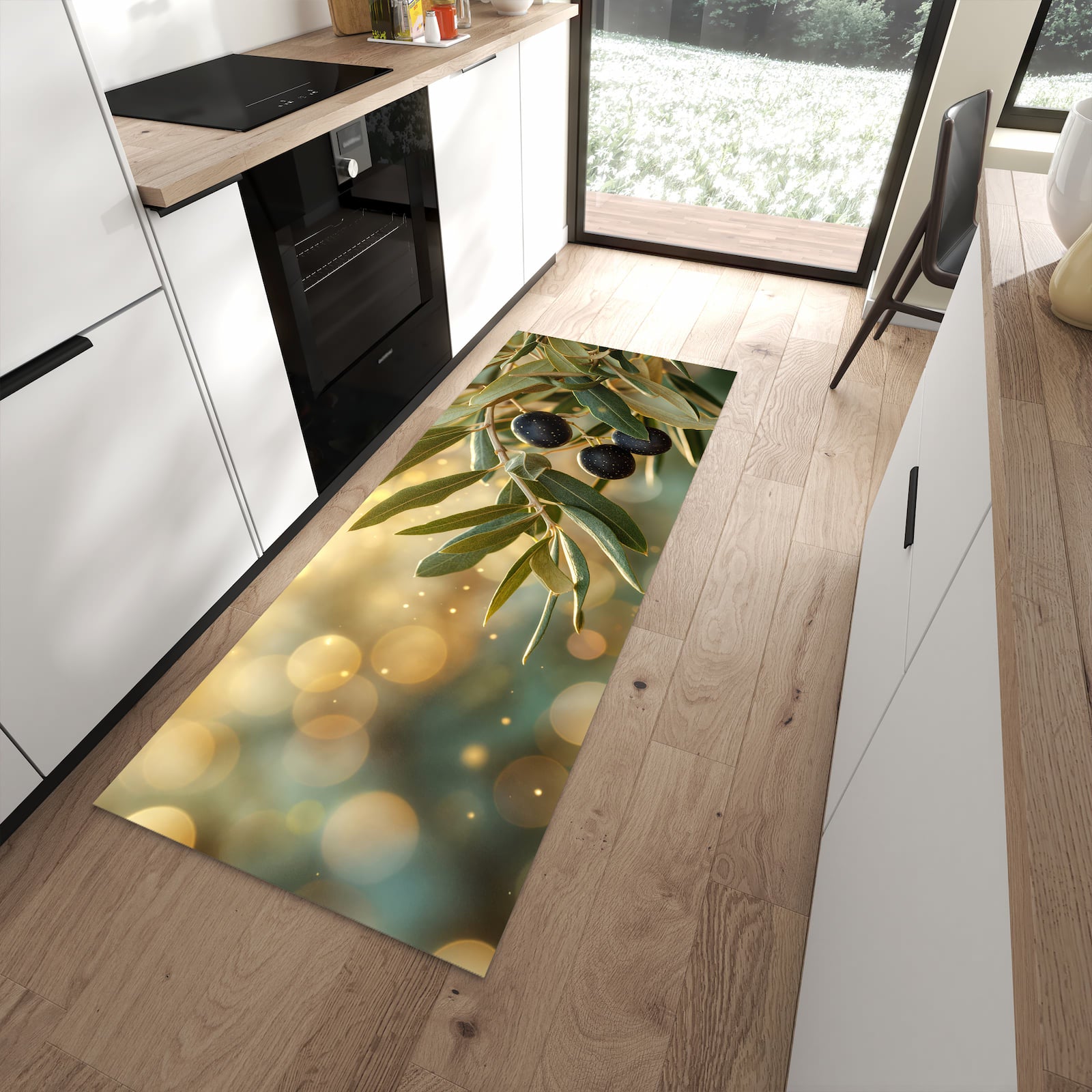 Rutschfester Küchenläufer mit Motiv Olivenzweig in moderner Küche