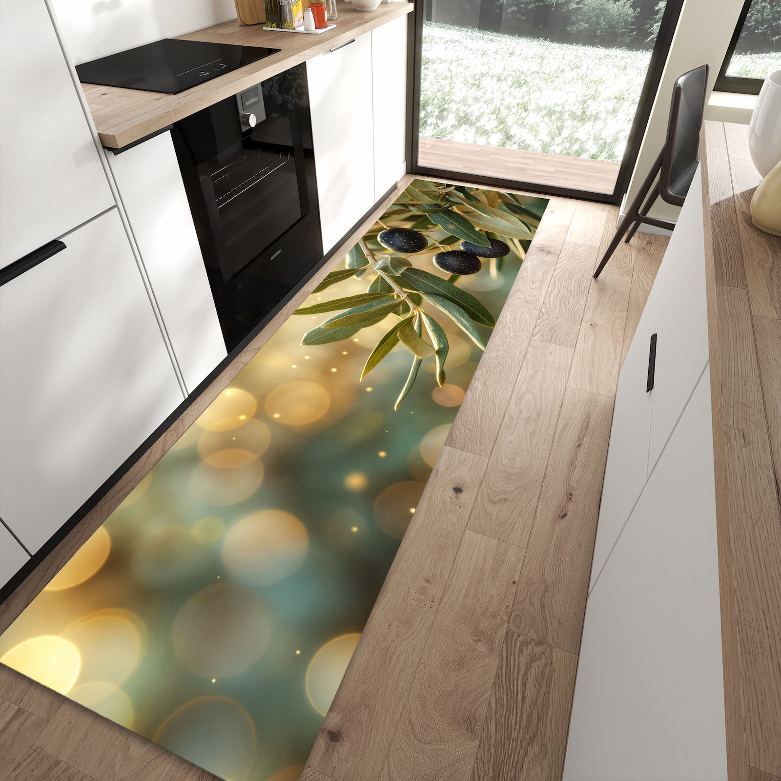 Hygienischer Küchenteppich mit Motiv Olivenzweig in moderner Küche - waschbar
