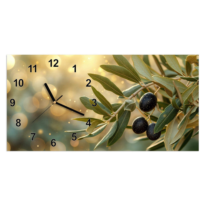 Wanduhr Olivenzweig aus Glas – Querformat 60 × 30 cm mit Ziffernblatt Modern
