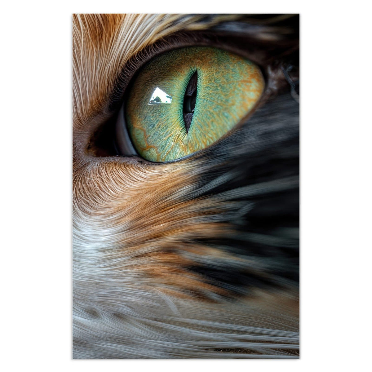 Nahaufnahme eines weiß-roten Katzenkopfs mit leuchtend grünen Augen