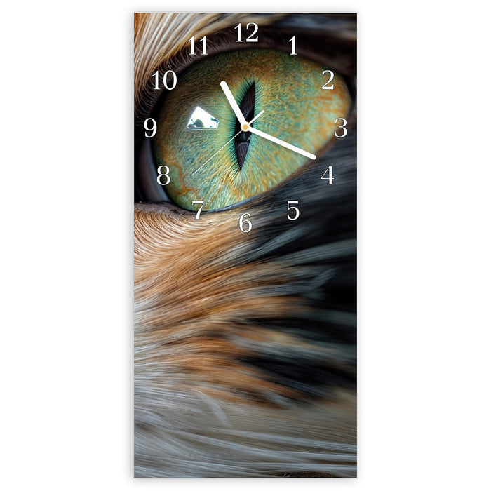 Wanduhr Grünäugige Katze aus Glas – Hochformat 30 × 60 cm mit Ziffernblatt Klassisch