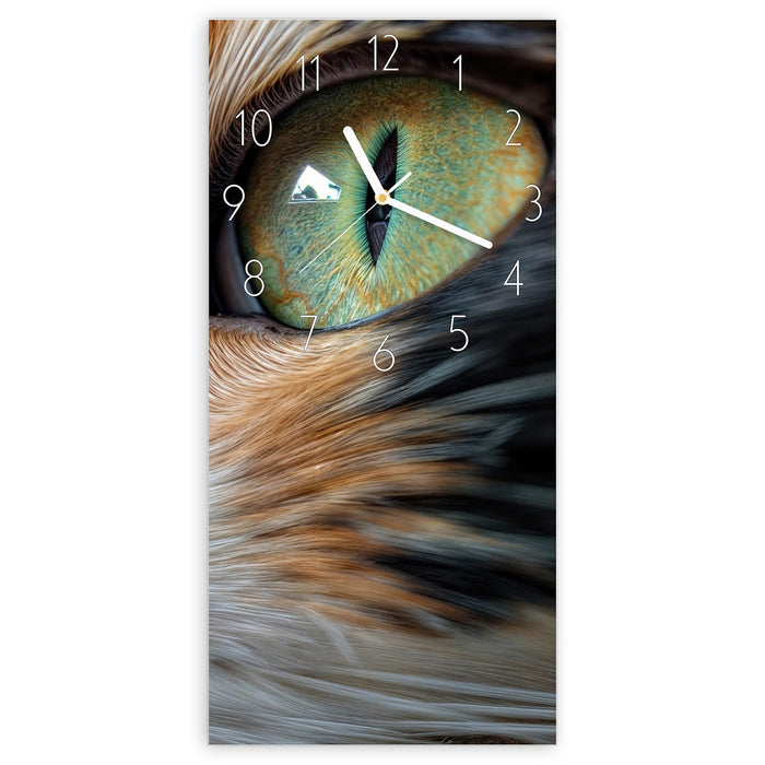 Wanduhr Grünäugige Katze aus Glas – Hochformat 30 × 60 cm mit Ziffernblatt Elegant