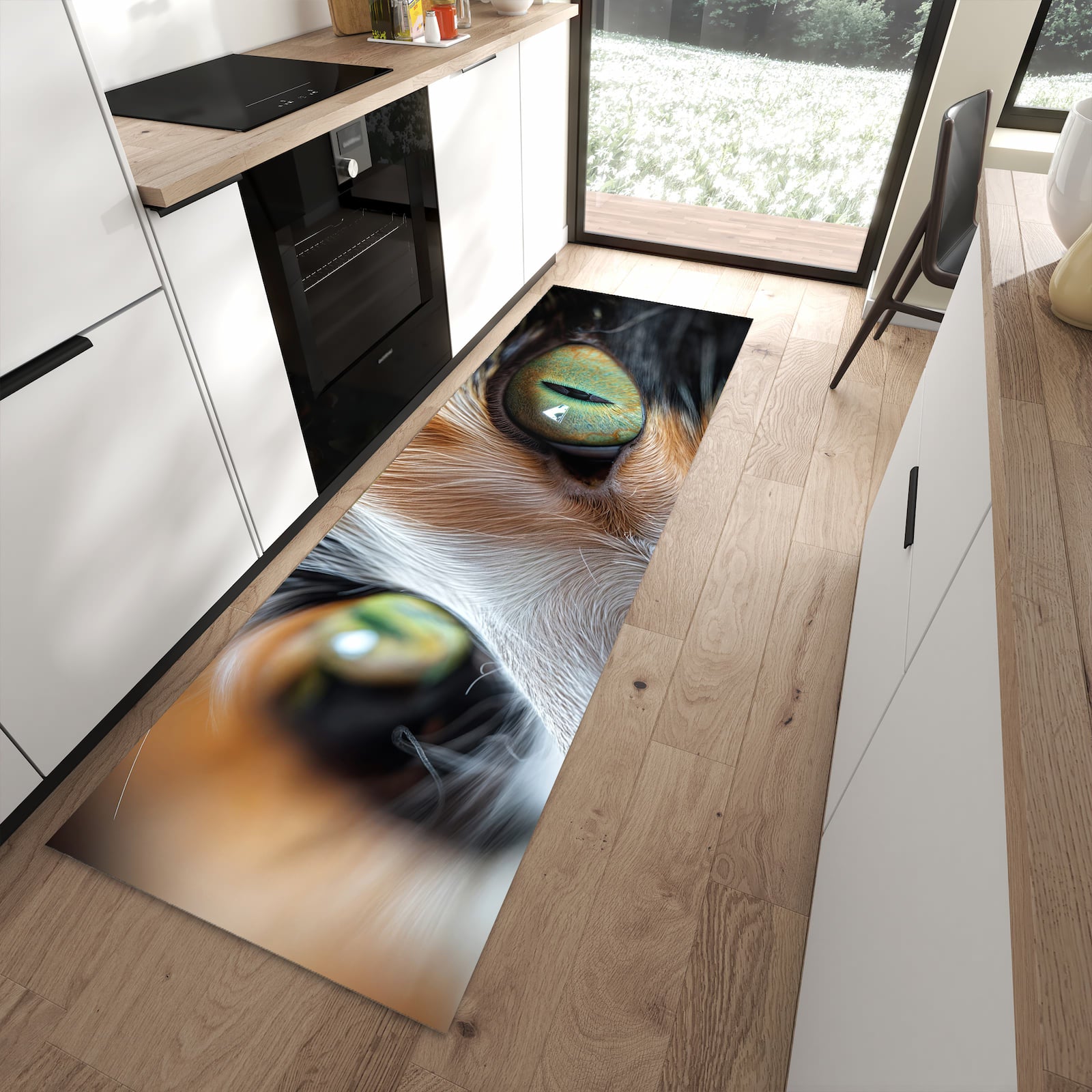 Geräuschdämpfender abwaschbarer Küchenläufer mit Motiv Katzenaugen in moderner Küche