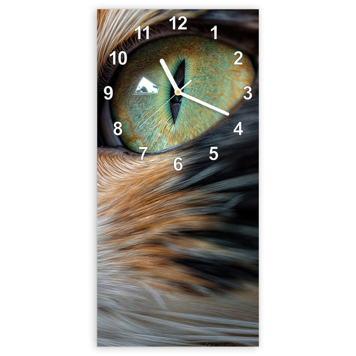 Wanduhr Grünäugige Katze aus Glas – Hochformat 30 × 60 cm mit Ziffernblatt Modern