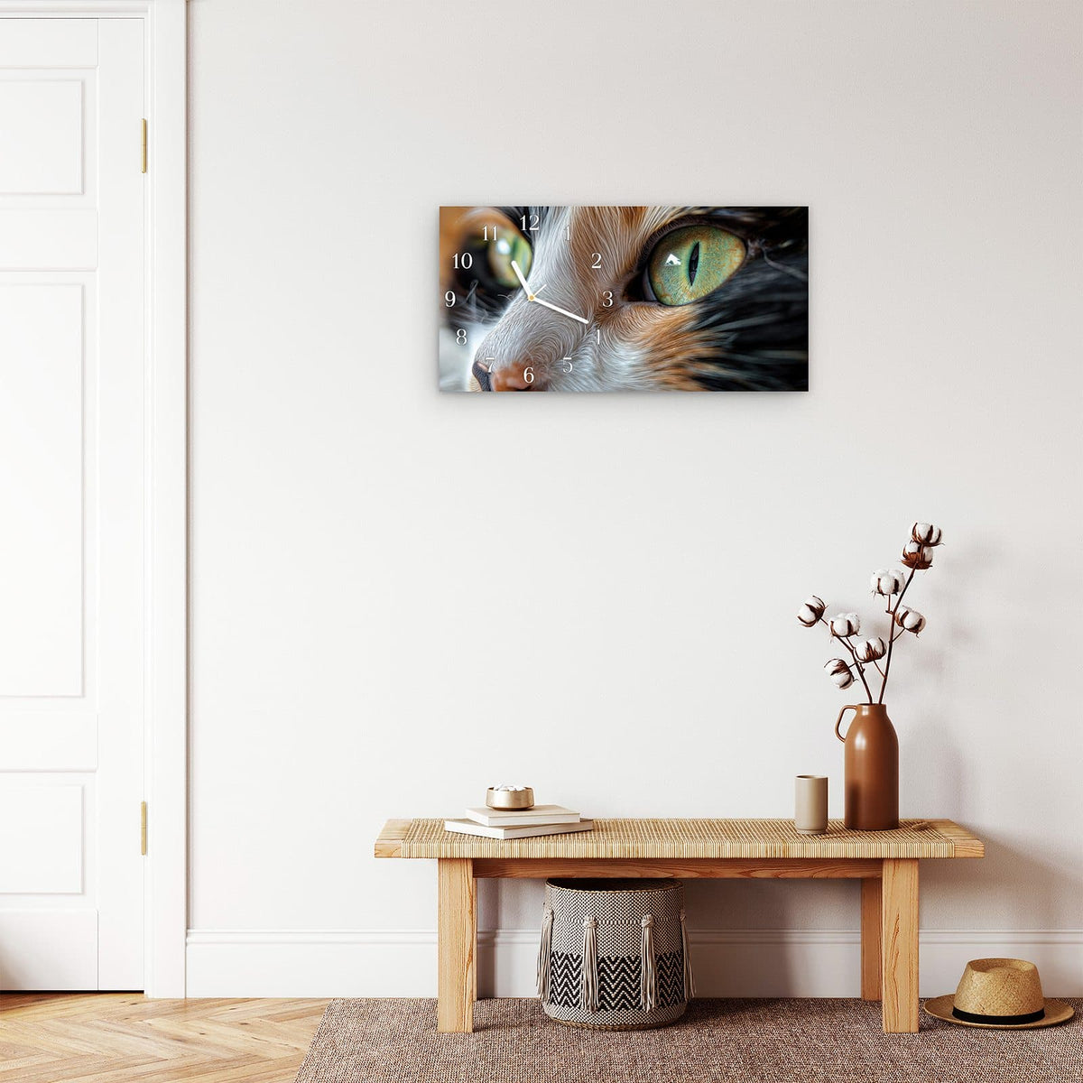 Moderne Wanduhr aus Glas mit Farbtiefe – Wanduhr Grünäugige Katze aus Glas – Querformat 60 × 30 cm