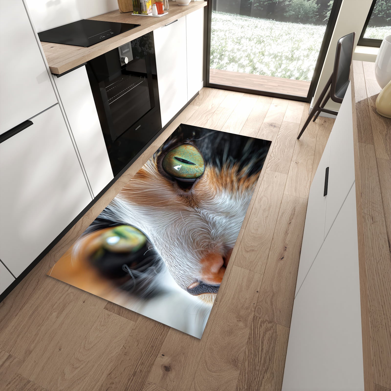 Komfortabler Küchenteppich mit Motiv Katzenaugen in moderner Küche