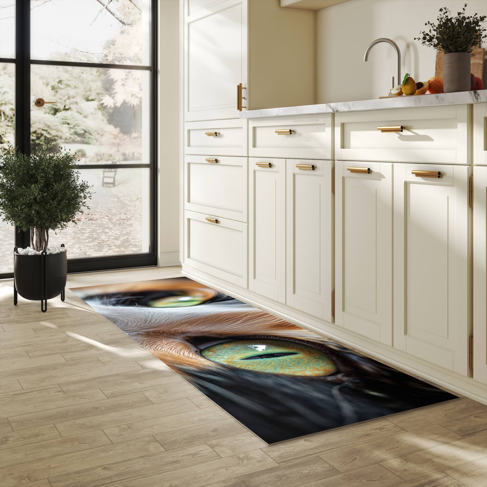 Strapazierfähiger Küchenteppich mit Motiv Katzenaugen in heller Küche
