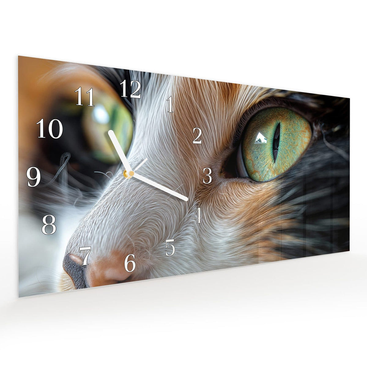 Vormontiert – mit Schwebeeffekt – Wanduhr Grünäugige Katze aus Glas – Querformat 60 × 30 cm