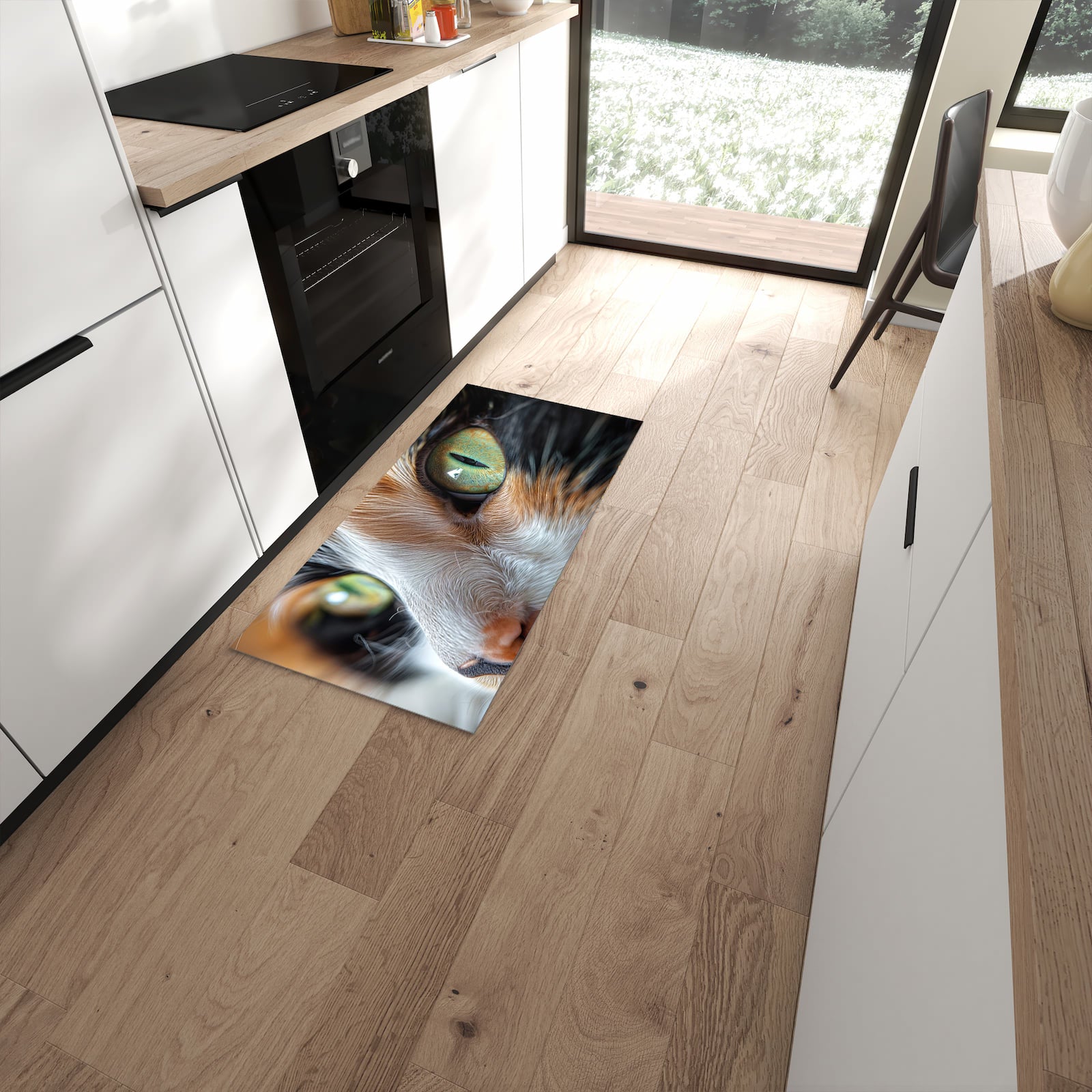 Feuchtigkeitsresistenter rutschfester Küchenläufer mit Motiv Katzenaugen in moderner Küche #grösse_60 x 120 cm