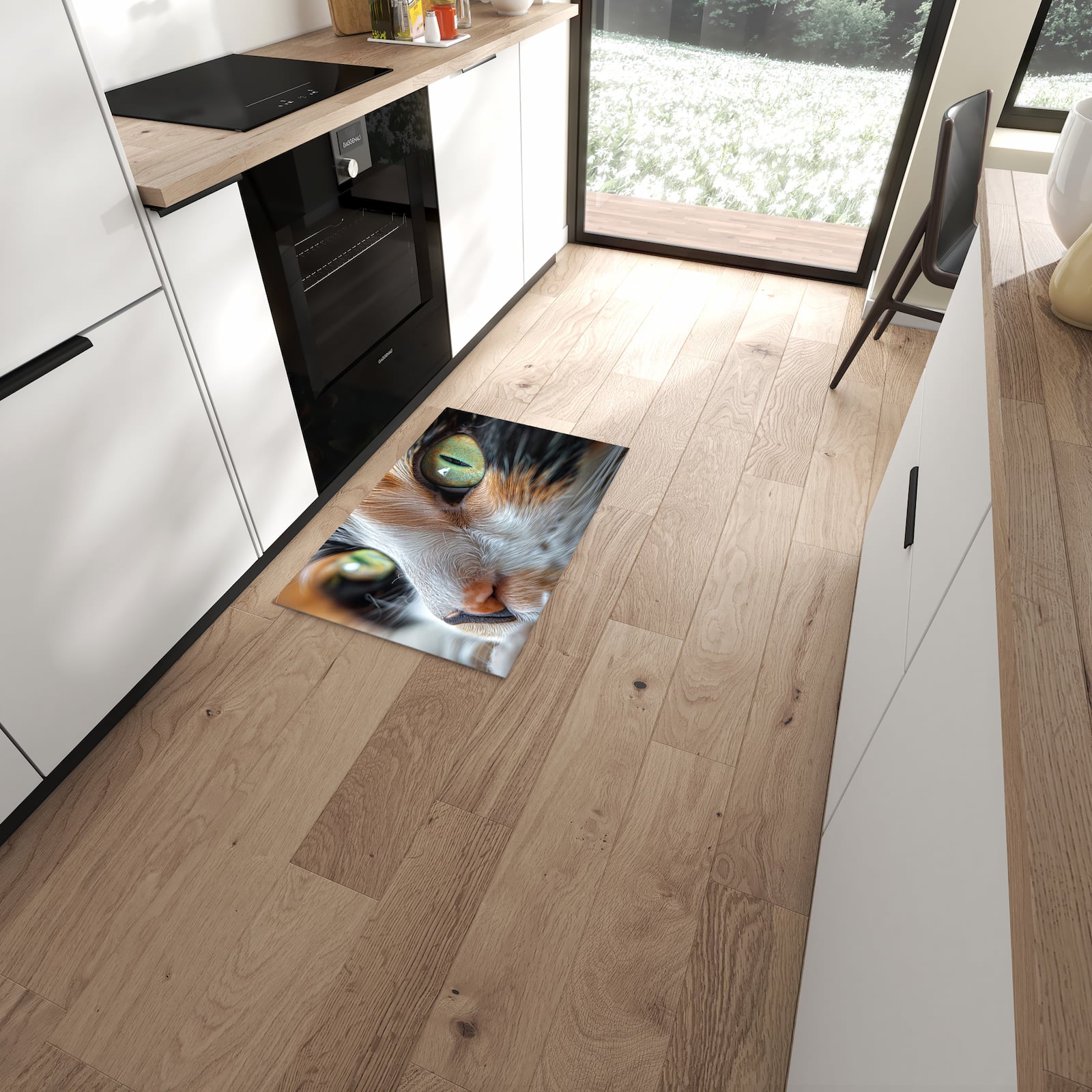 Waschbarer Küchenläufer mit Motiv Katzenaugen in moderner Küche für sichere Aufbewahrung