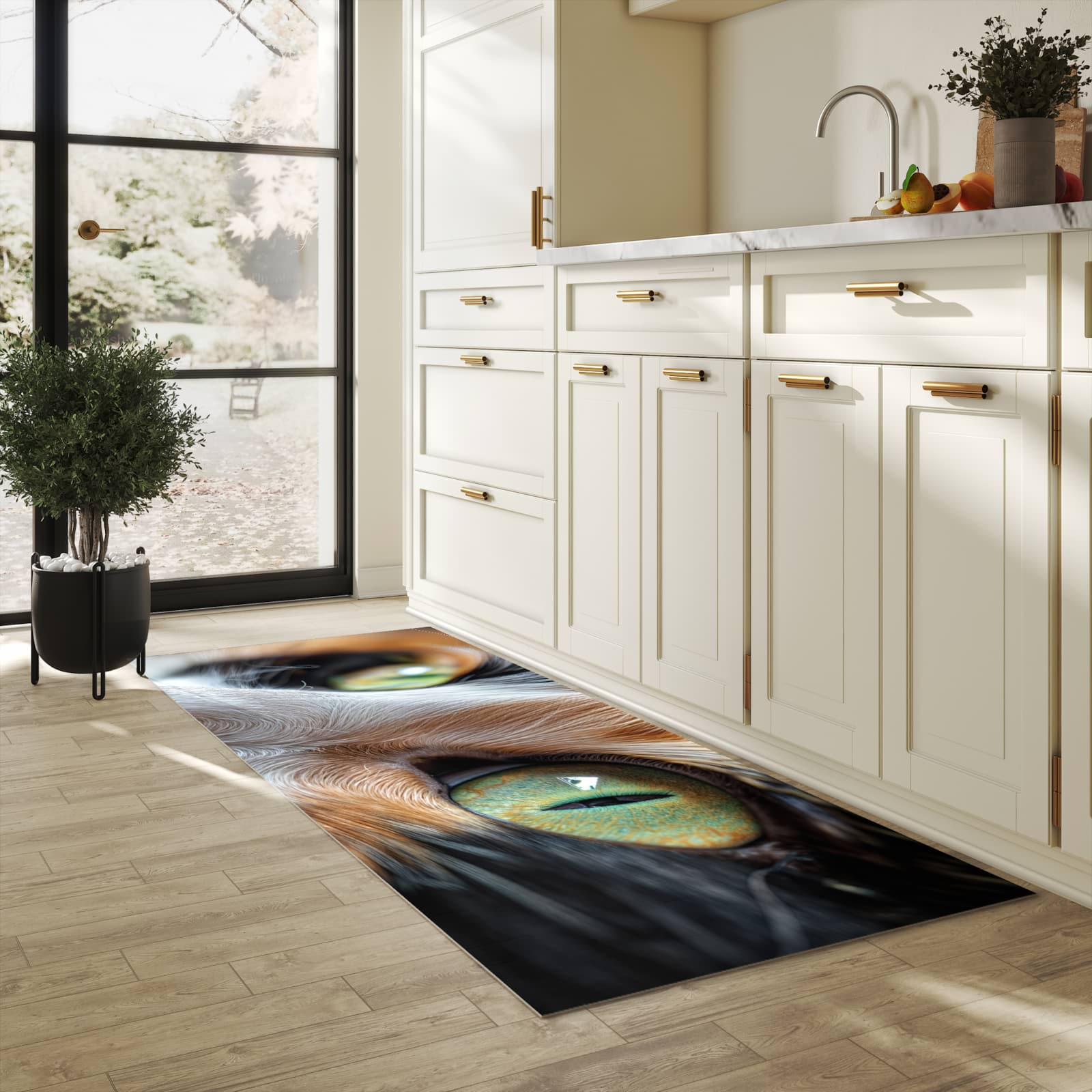 Feuchtigkeitsresistenter Teppich für die Küche mit Motiv Katzenaugen in heller Küche