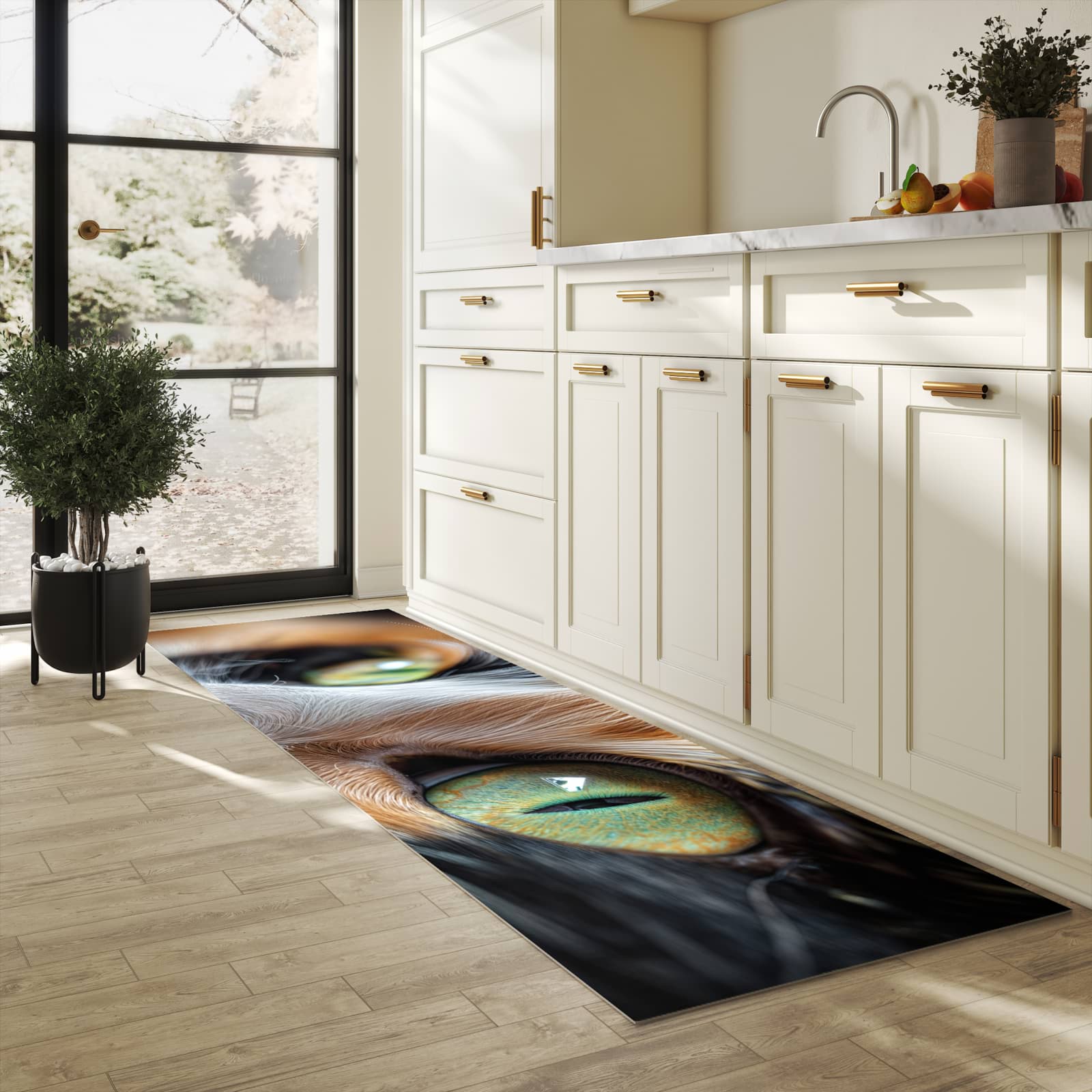 Waschbarer Küchenteppich mit Motiv Katzenaugen in heller Küche
