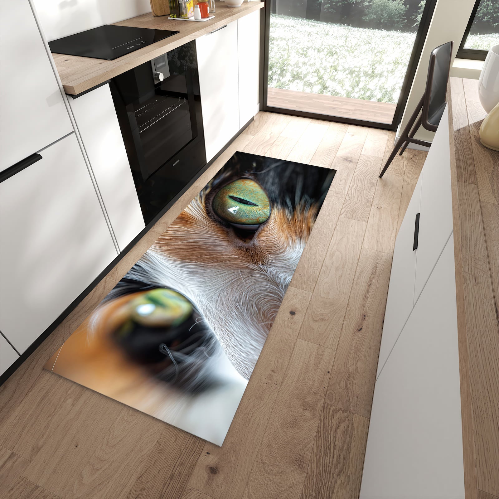 Zeitsparender moderner Küchenläufer mit Motiv Katzenaugen in moderner Küche