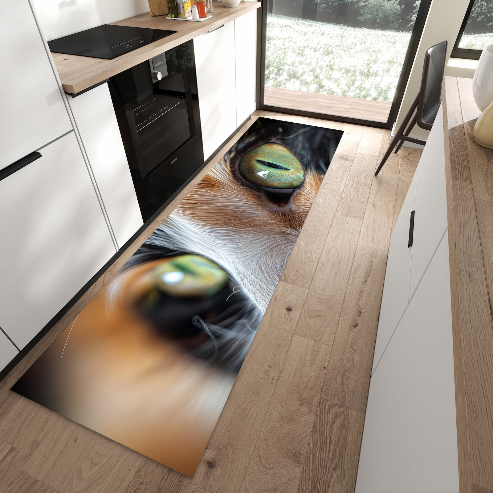 Abriebfester Küchenteppich mit Motiv Katzenaugen in moderner Küche