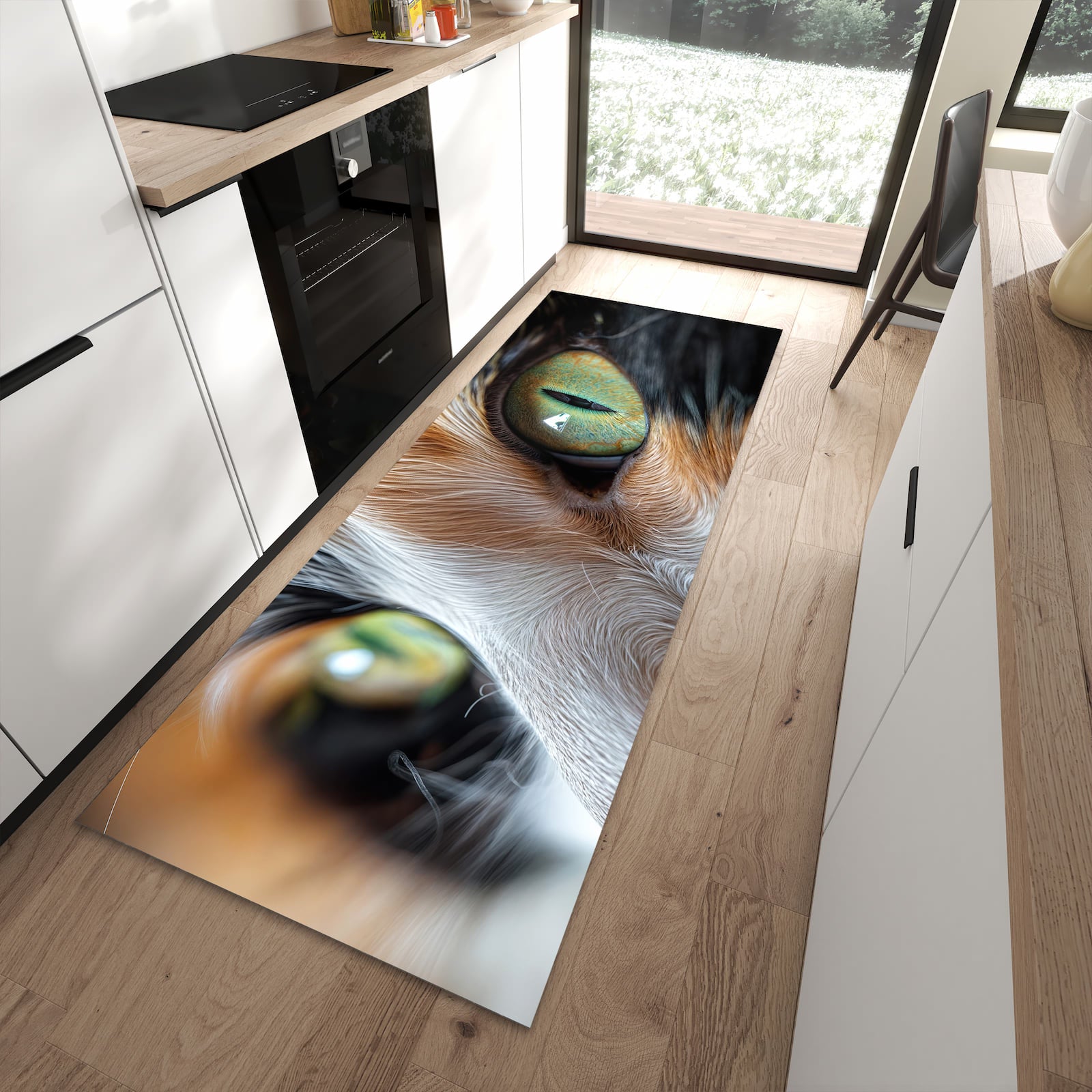 Wasserabweisender Teppich für Küche mit Motiv Katzenaugen in moderner Küche