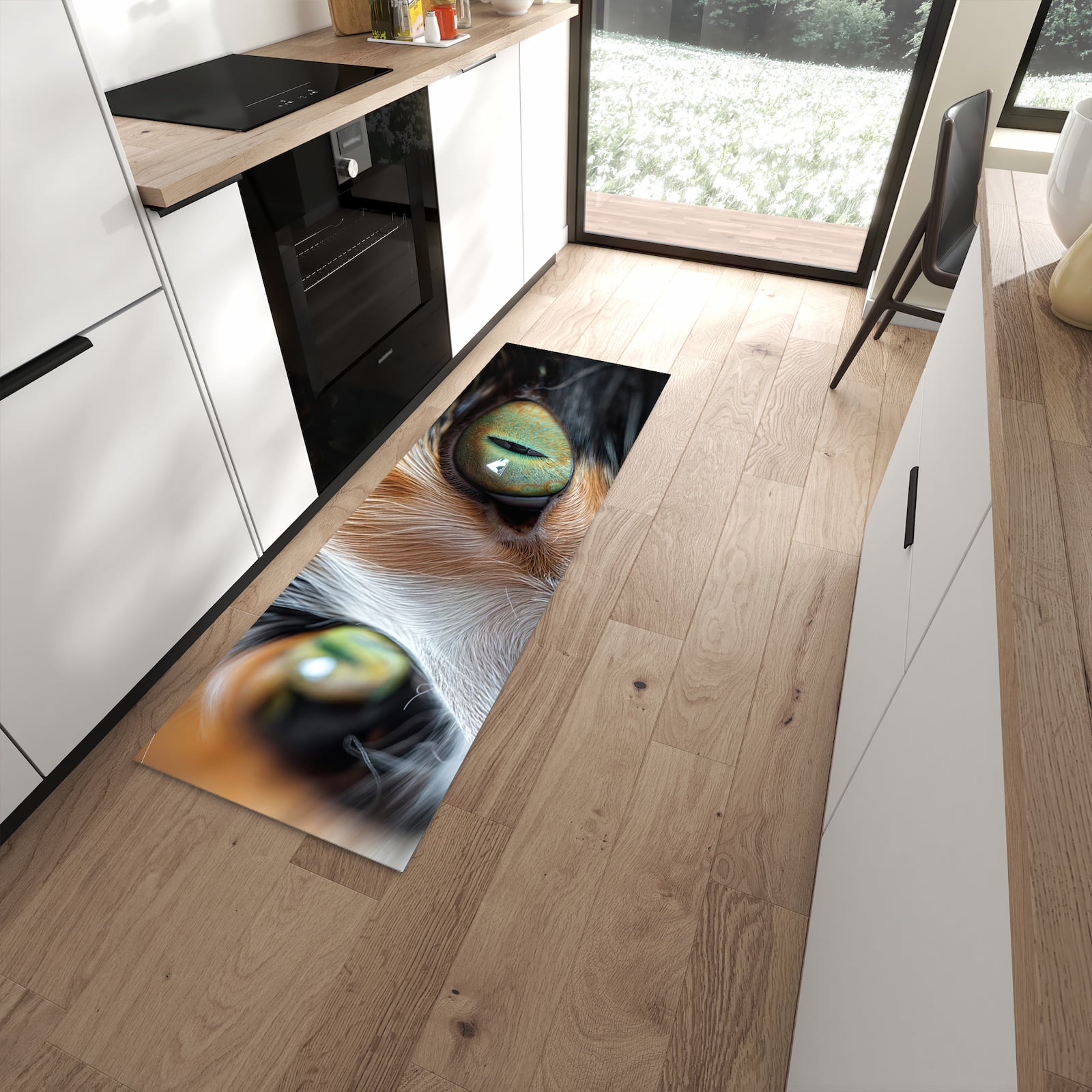 Waschbarer Küchenläufer mit Motiv Katzenaugen für Ordnung in moderner Küche
