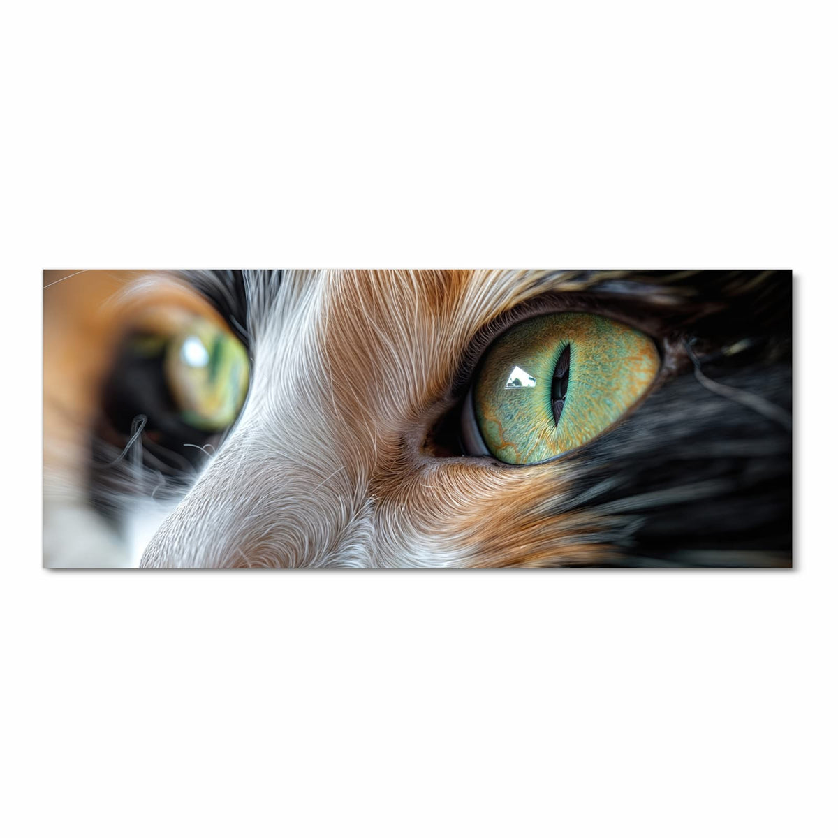 Nahaufnahme eines weiß-roten Katzenkopfs mit leuchtend grünen Augen