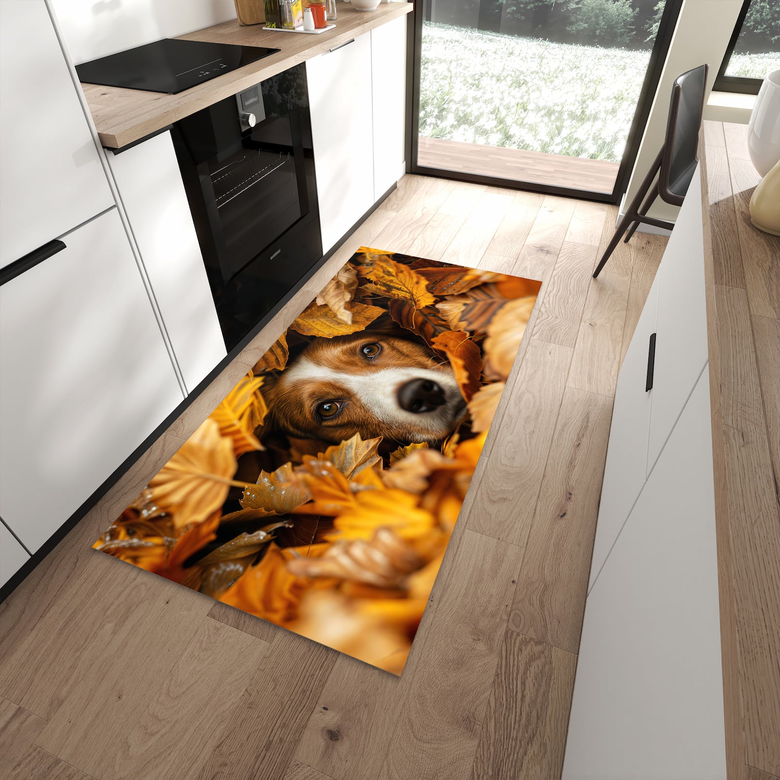 Langlebiger Küchenläufer mit Motiv Hund im Herbstlaub in moderner Küche