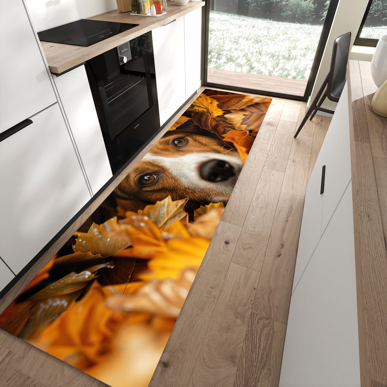 Waschbarer Küchenläufer mit Motiv Hund im Herbstlaub in moderner Küche