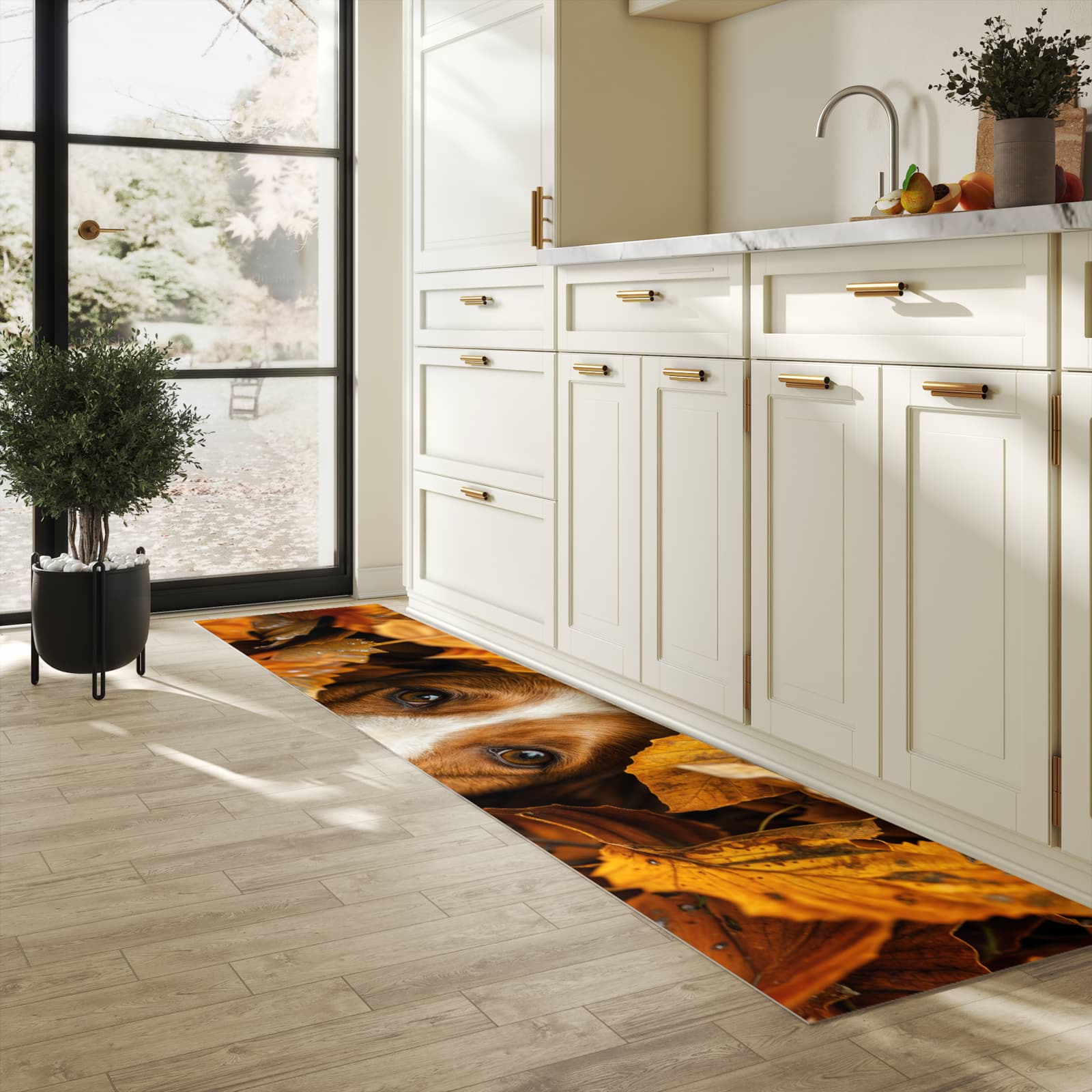Geräuschdämpfender rutschfester Küchenteppich mit Motiv Hund im Herbstlaub in heller Küche