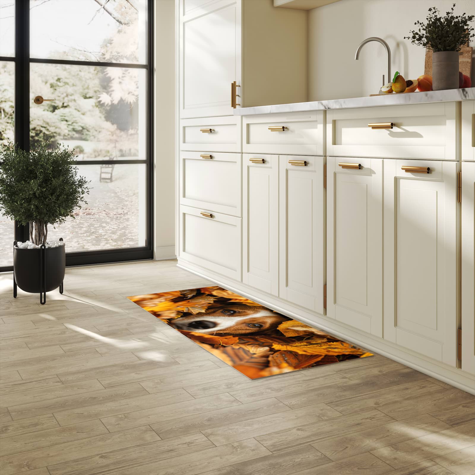 Farbbeständiger Küchenteppich mit Motiv Hund im Herbstlaub in heller Küche