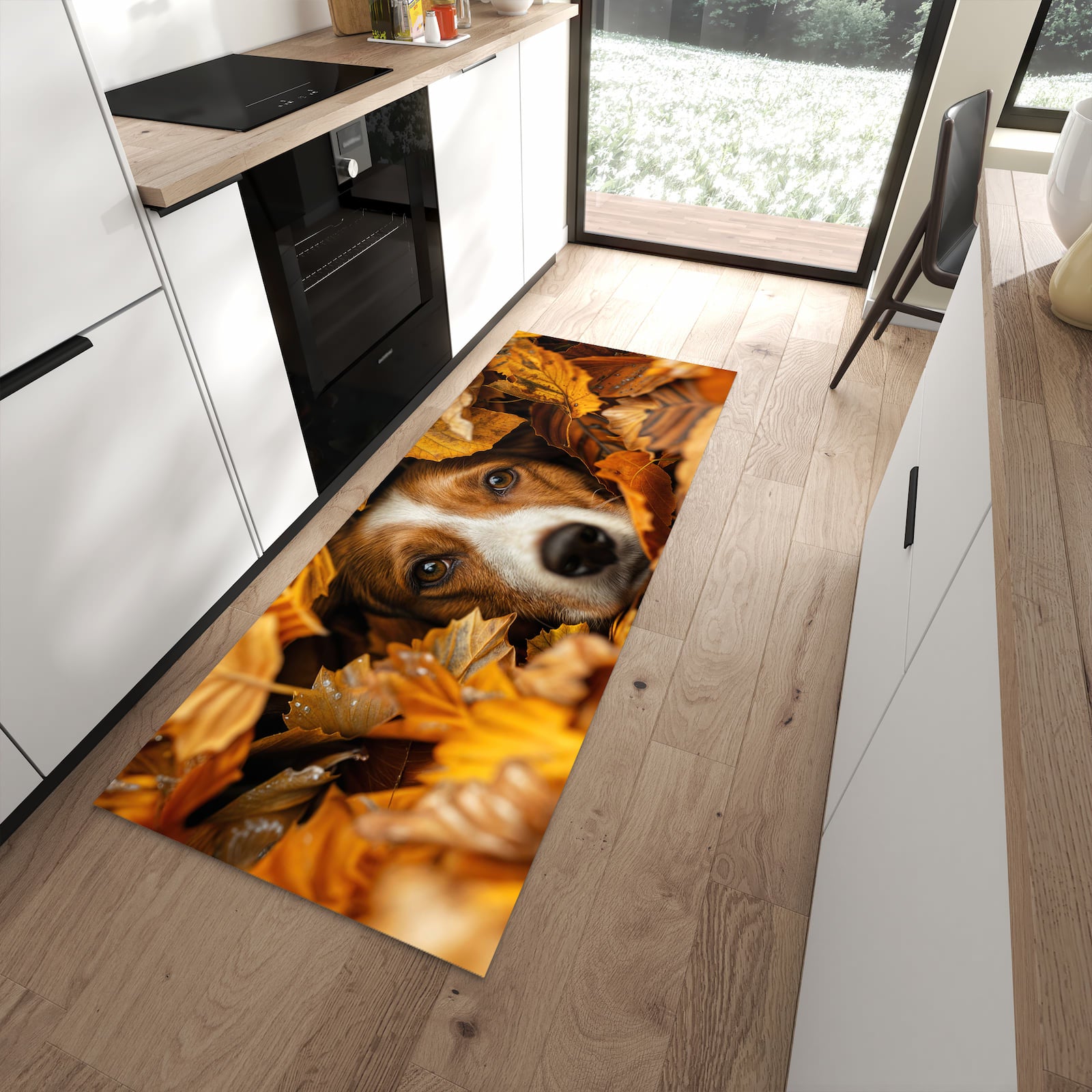Rutschfester Küchenteppich mit Motiv Hund im Herbstlaub für angenehmes Stehen in moderner Küche
