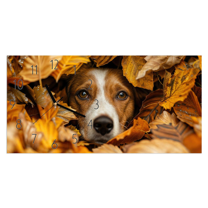 Wanduhr Hund im Herbstlaub aus Glas – Querformat 60 × 30 cm mit Ziffernblatt Elegant