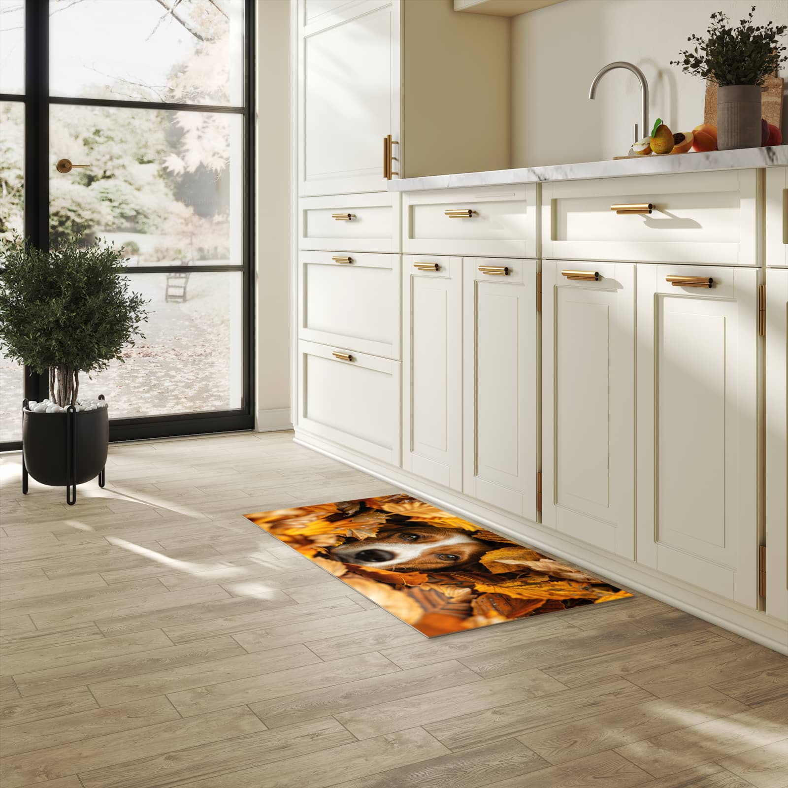 Bodenschonender rutschfester Küchenteppich mit Motiv Hund im Herbstlaub in heller Küche